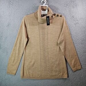 NWT Briggs Sweater‎ Women Medium Mock Neck w Button Knit Glitter Tan